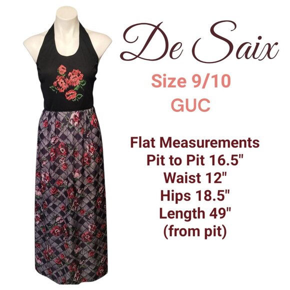 Vintage 1970s Halter Dress Floral Lattice Skirt Size 9/10 Modern S/M DE SAIX - Picture 2 of 8